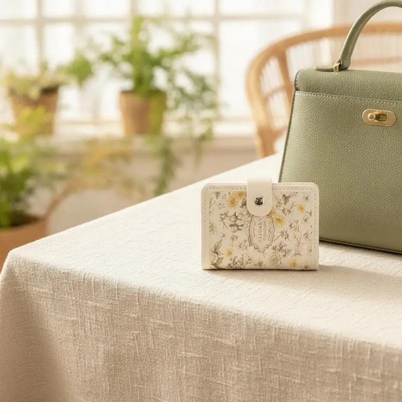 Retro Floral Print PU Leather Card Holder Snap Closure Multi Slot Lightweight Card Case for Family Daily Outing Use