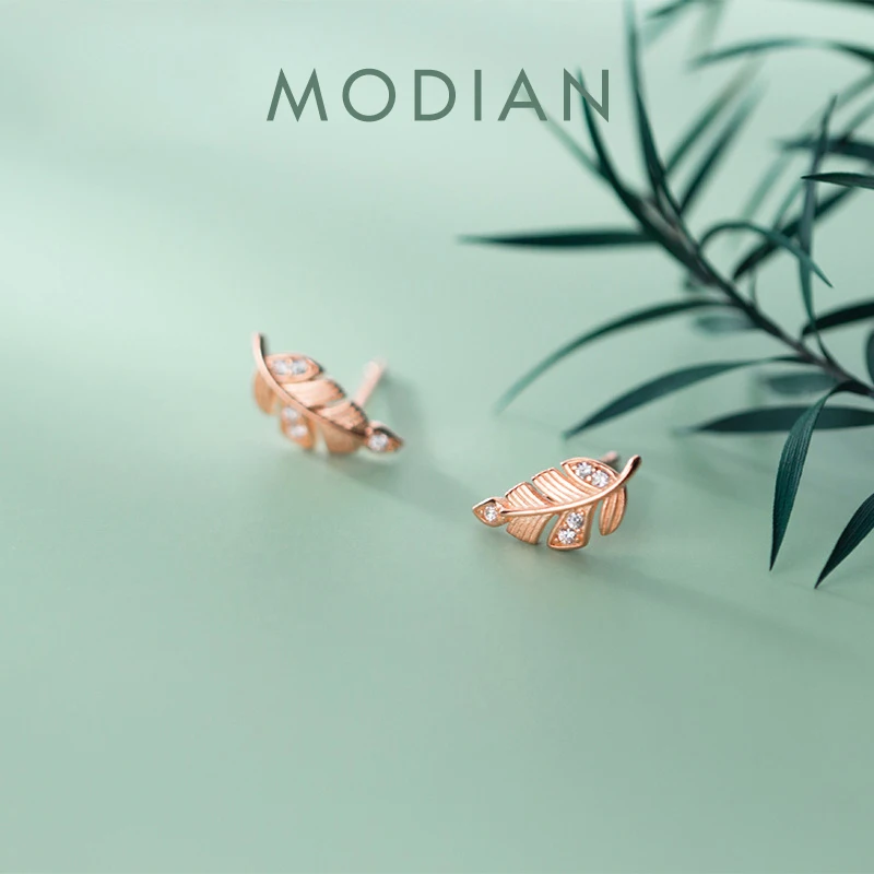 

Modian New Exquisite Tree Leaves Stud Earrings for Girls Lady Women Clear CZ Minimalist Silver Prevent Allergy Jewelry Brinco