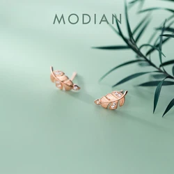 Modian New Exquisite Tree Leaves Stud Earrings for Girls Lady Women Clear CZ Minimalist Silver Prevent Allergy Jewelry Brinco