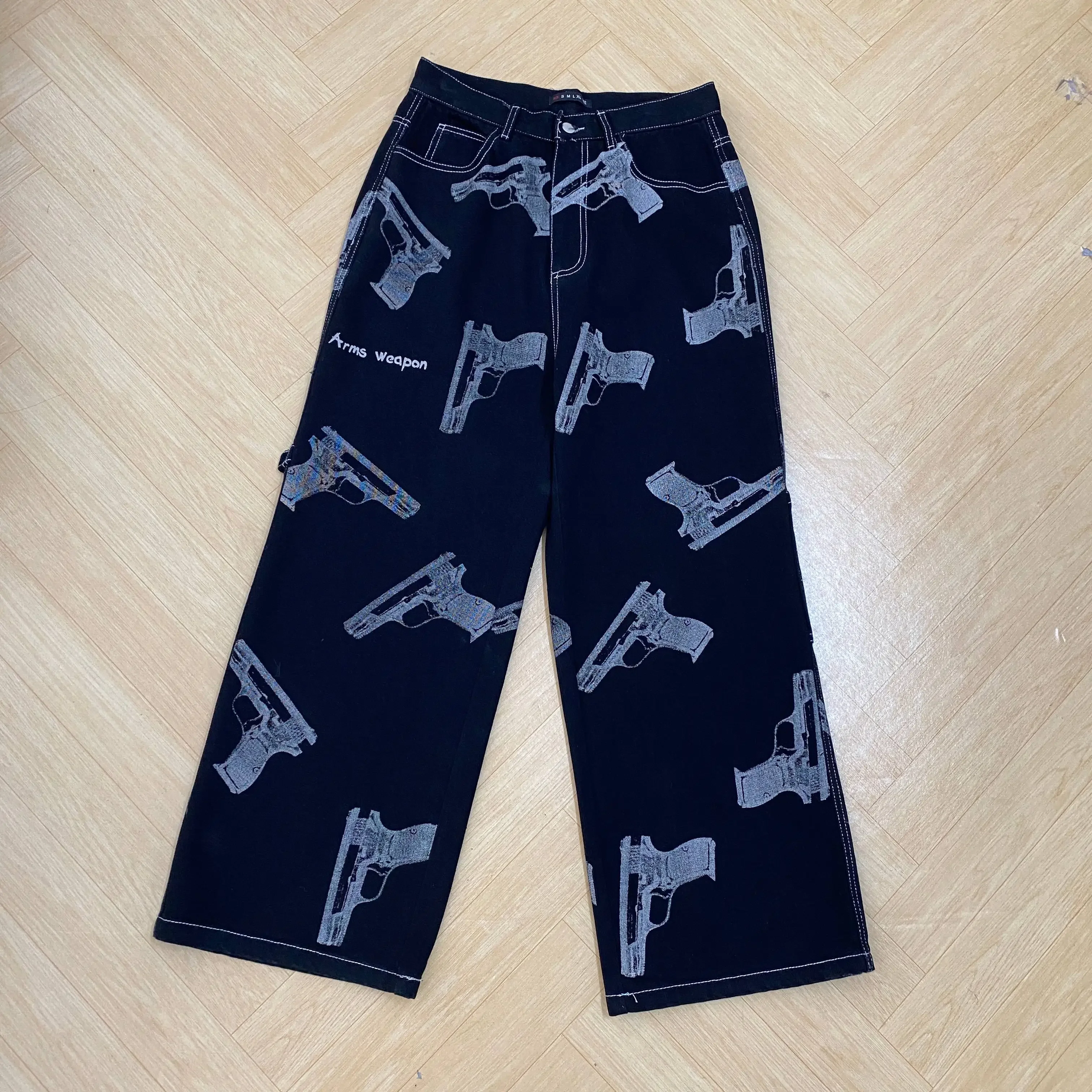 

2024 Y2K American High Street Pistol Pattern Retro Printed Jeans Fashion Classic British Twill Cotton Pants Men's Jeans