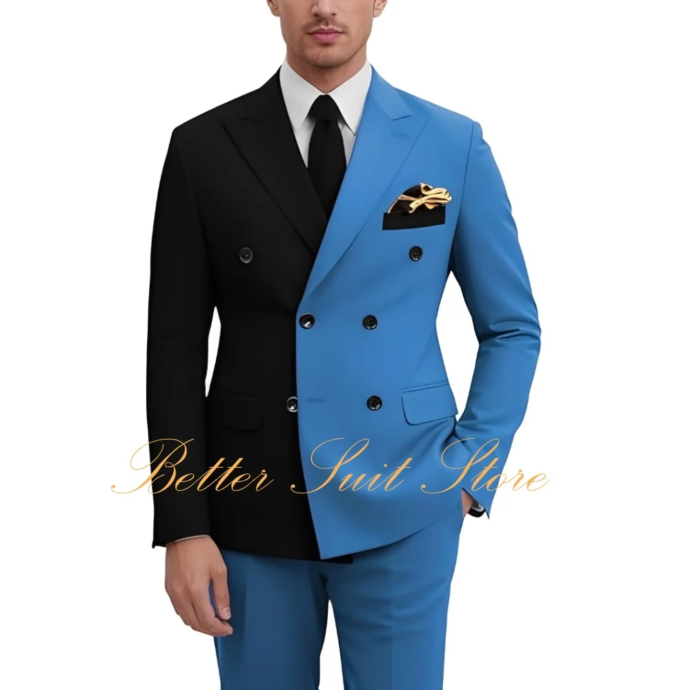 Fashion Color block Men Double Breasted Suit 2 Piece Slim Fit Wedding Prom Tuxedo Peak Lapel Blazer Pants Outfit Men's Suits