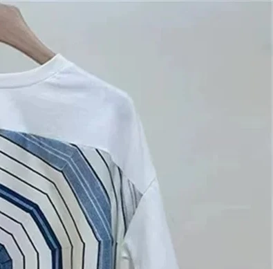 

Женская футболка с геометрическим принтом, лето 2025 г., нестандартная лоскутная футболка с круглым вырезом и коротким рукавом