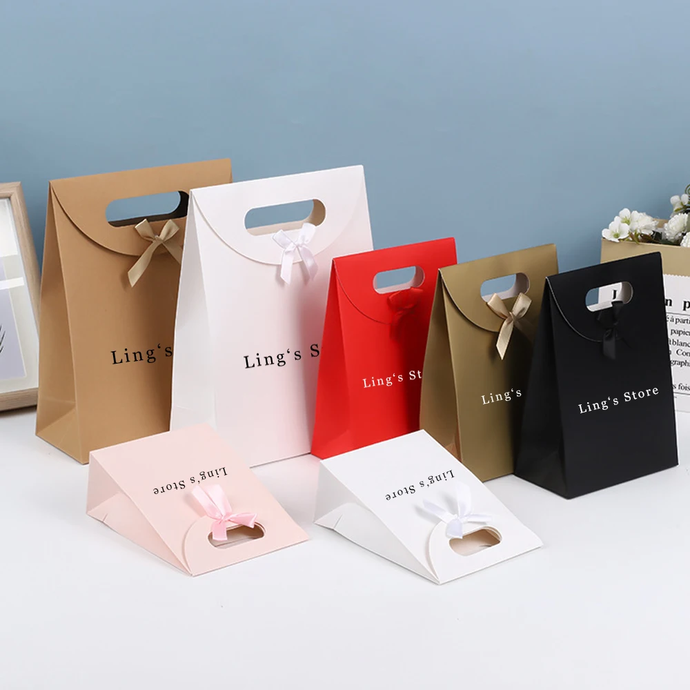 

50 шт. подарочных бумажных пакетов с бантом и логотипом на заказ для ювелирных изделий: серег, пусет, кулонов, браслетов