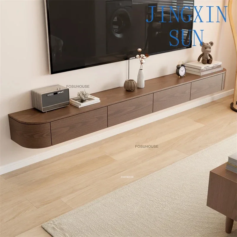 Solid Wood Suspended TV Stands Nordic Home Storage TV Cabinet Small Apartment Ambient Light Cabinet Retro Living Room Furniture