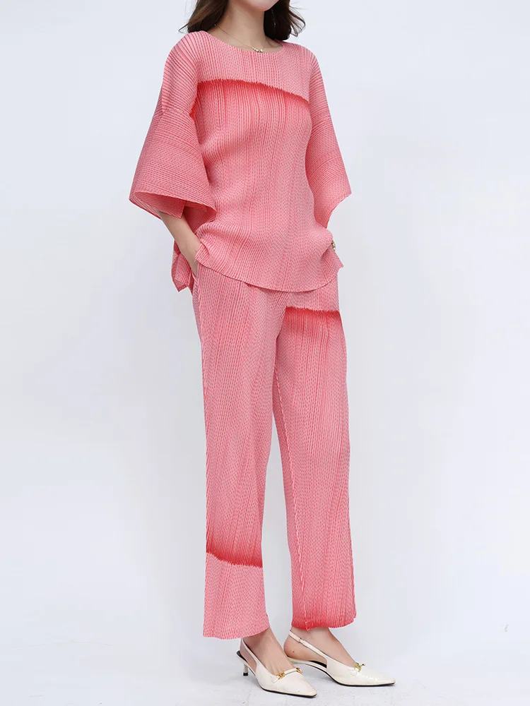 

Wrinkle 2025 Spring/Summer New Fashion Set Women's Round Neck Casual Loose Top High Waist Straight Leg Pants Two Piece Set