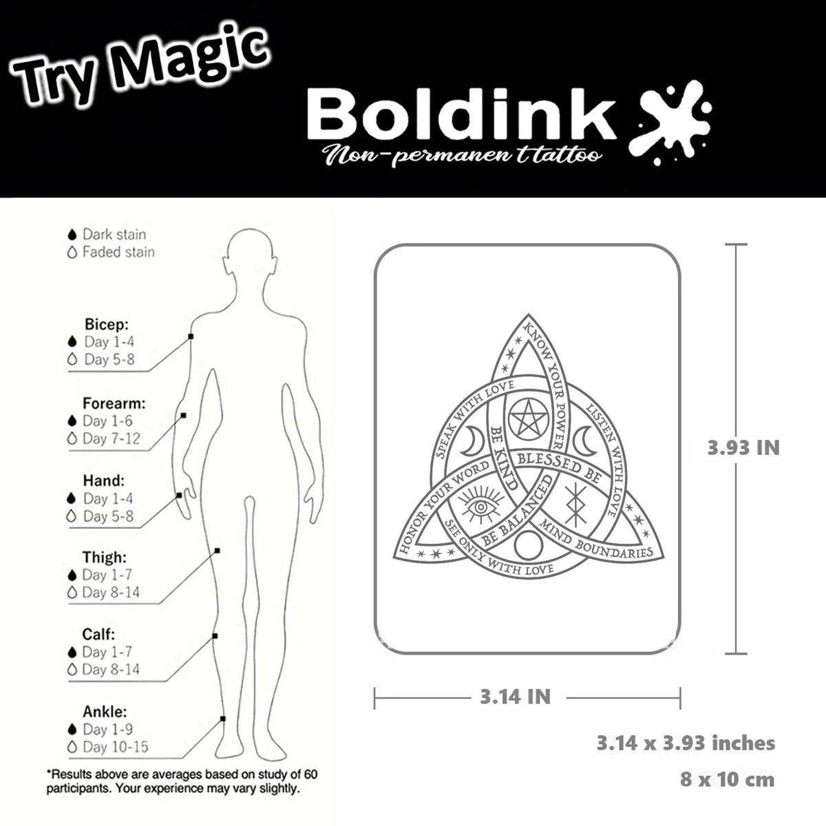 وشم مؤقت Boldink Sacred Triquetra، آخر حتى 15 يومًا، ملصق سحري شبه دائم مقاوم للماء بتقنية جديدة.