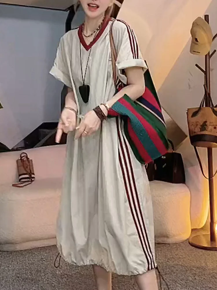 plus Size Quick Dry V-Neck Women's Dress Summer Loose Short Sleeve A-Line Long Dress Casual Style City Commute Polyester Fiber