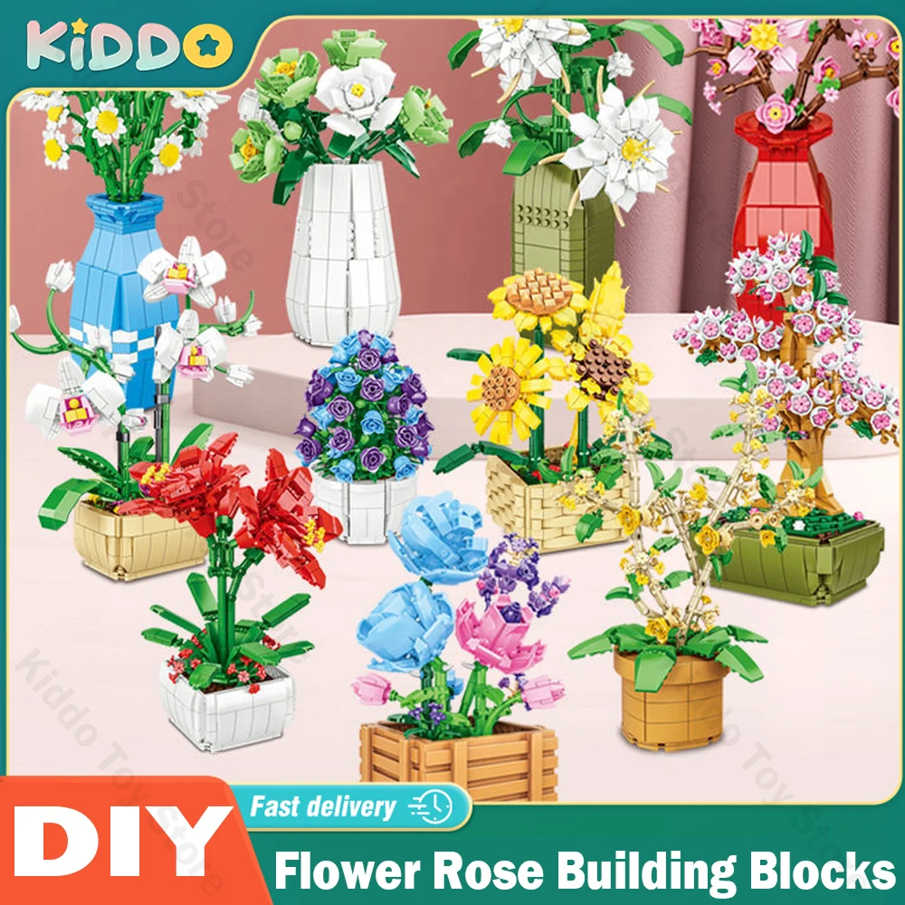 

Flower Rose Bouquet Building Blocks Bricks Kit DIY Flowers Botanical Collection Desk Home Decoration Christmas New Year Gifts