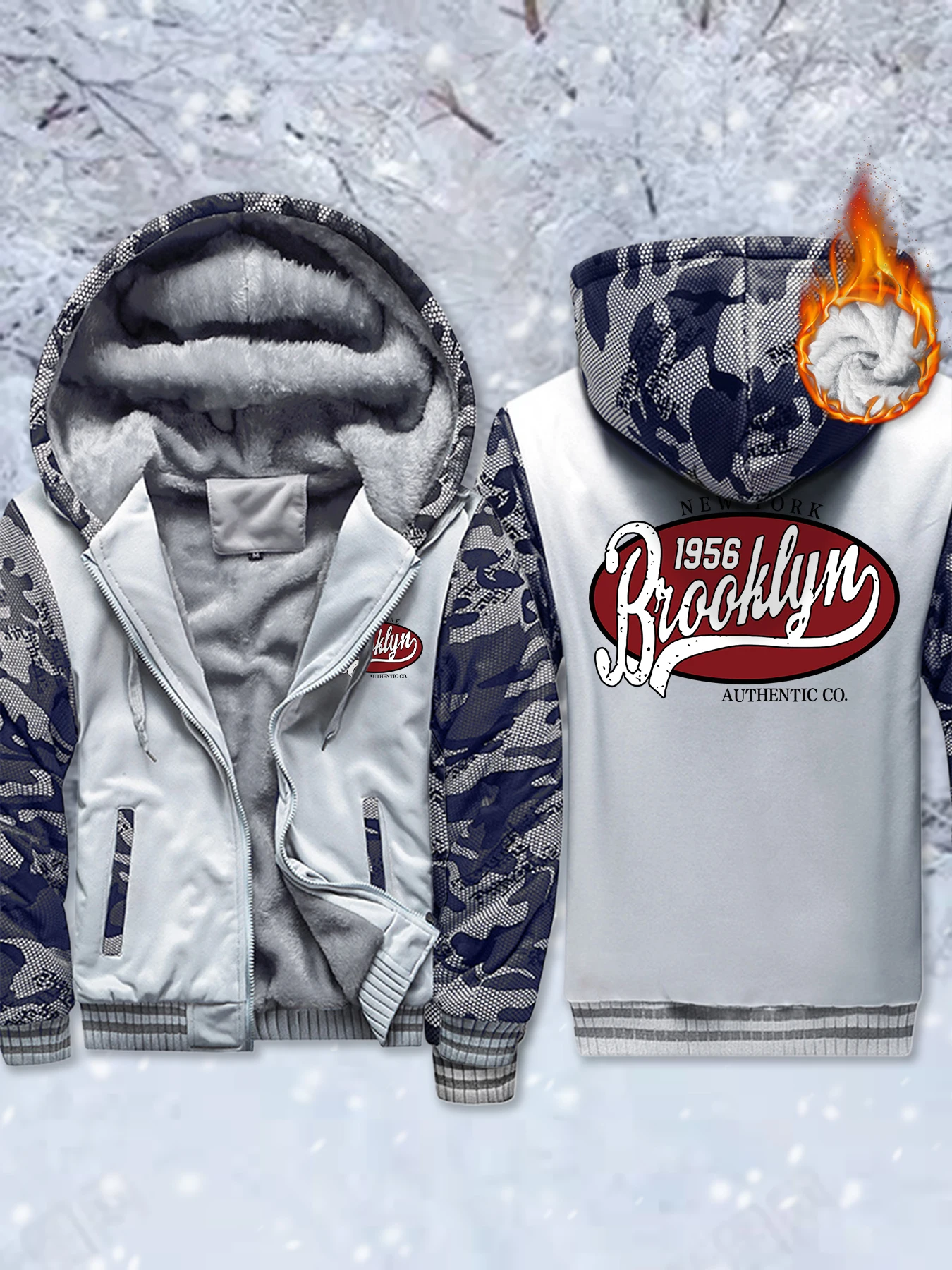 

New York Brooklyn 1956 Print Pocket Thicken Jackets Mens Fleece Comfy Outwear Winter Zipper Hoody Warm Basic Coat Retro Soft Top