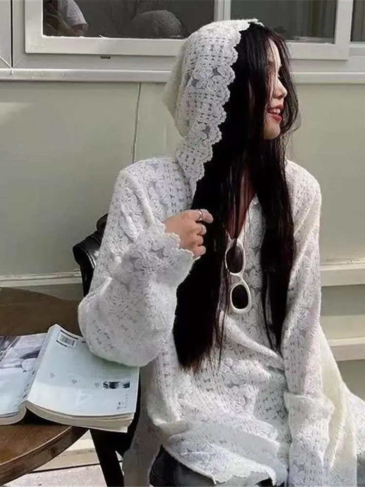 

Корейская женская свободная трикотажная футболка Sle Lace Long Sve Base irt с капюшоном, весенняя ленивая верхняя одежда, накидка с вырезами...