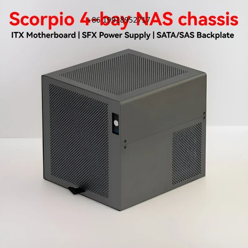 Scorpio 4-Bay NAS Case for Synology, 1.5mm Anodized Aluminum, SFX Power Supply, Mini-ITX, CNC Machined JJ211