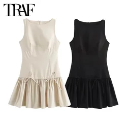 TRAF Women's Short Dresses 2024 Butterfly Pleated Mini Dress Summer Elegant Ladies Fashion Casual Sleeveless Beige Black Dress