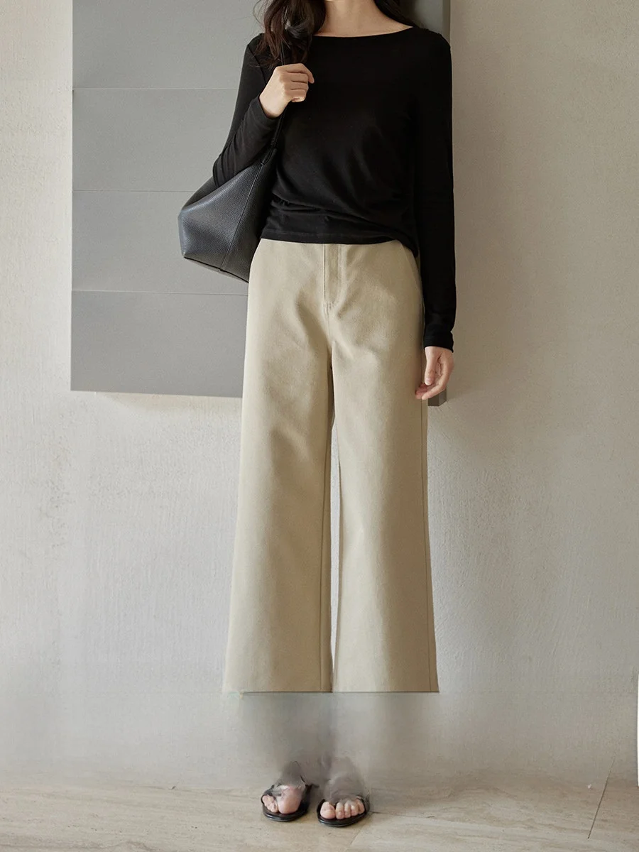 

Джинсы прямого кроя с высокой талией GINNKEE, женские повседневные брюки, цвет хаки, с отворотами, джинсовая ткань, ранняя весна, белые длинные брюки