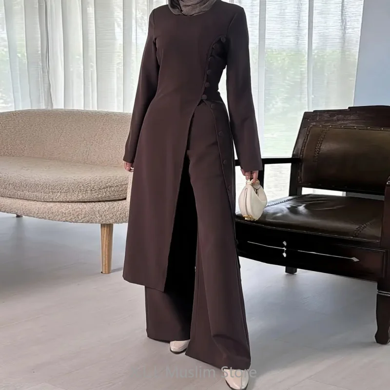 Muslim Women's Clothing Eid Ramadan Traditional Matching Sets Turkey Wears 2 Piece Set Dubai Waist-Cinching Top+Pants Set