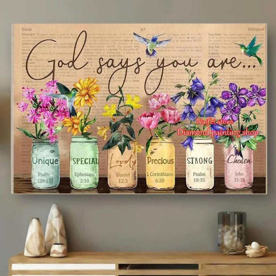 Hummingbird Diamond Painting Text God Says You Are Flowers Diamond Mosaic Embroidery Best Gift For Christians Bible Lover Family