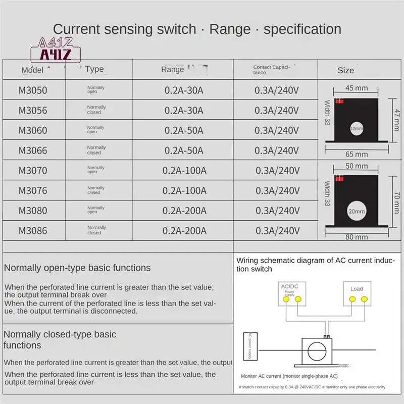 

A41Z-Current Sensing Switch Induction Relay AC Linkage Device Plc Signal Over Limit Closed AC 0.2-30A
