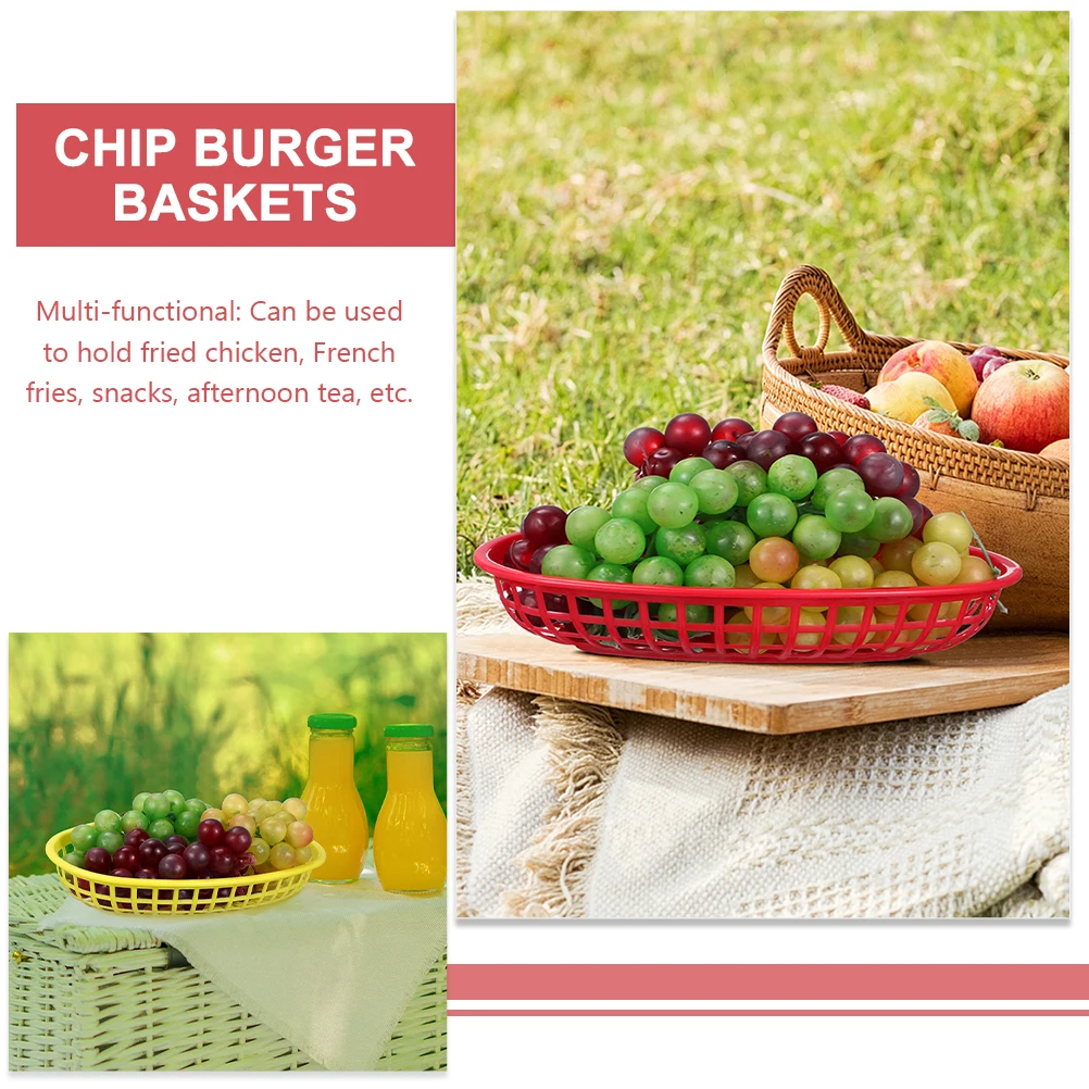 

12pcs Reusable Plastic Fast Food Baskets Large Capacity Snack Baskets Fried Chicken Holders Chips Fruit Trays Oval Shape Serving