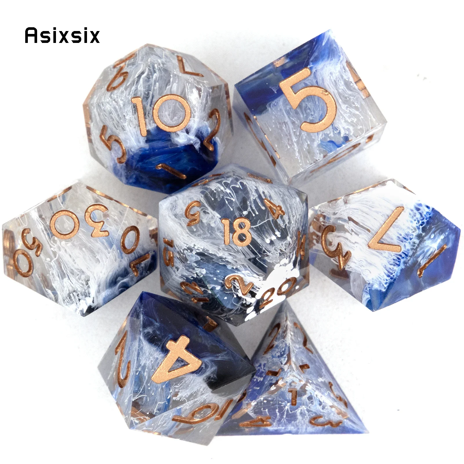 

7 Pcs Blue Golden Number Sharp Edge Resin Dice Polyhedral Dice Suitable for Role-Playing RPG Board Game