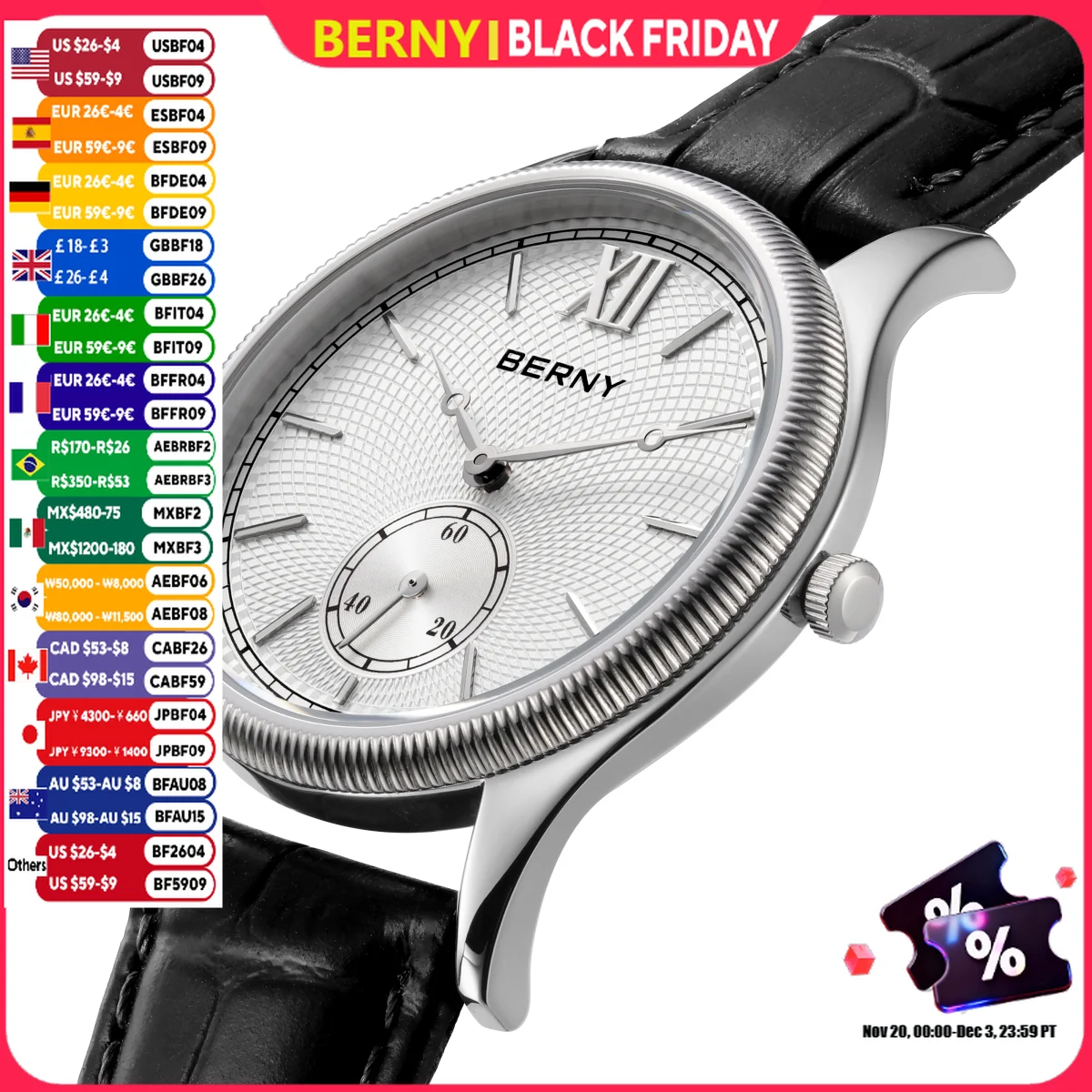 BERNY Men's Watches Luxury Classic Stylish Dress Quartz Watch Ultra-Thin Stainless Steel Case Elegance Leather Strap Wristwatch