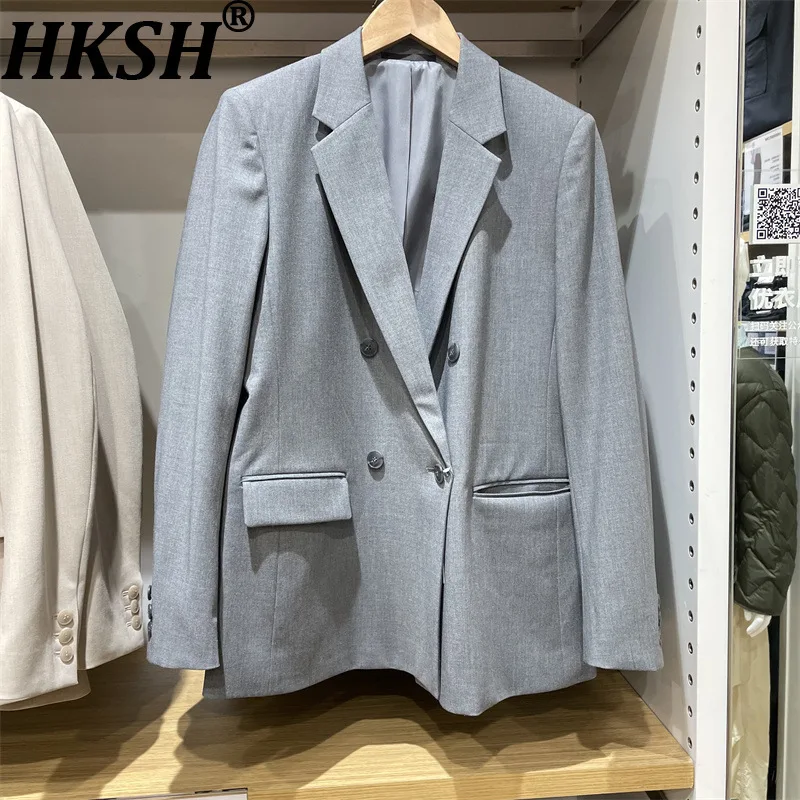 

HKSH весенне-осенний новый женский пиджак с зубчатым воротником, двубортные карманы, элегантная модная офисная женская куртка, шикарные пальто HK13020