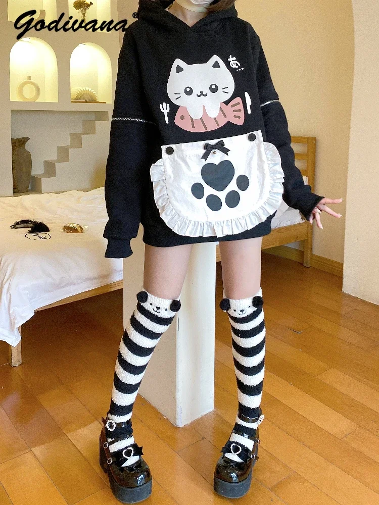 Cute Cat Thick Autumn and Winter Button Apron Animal Ears Hooded Sweatshirt Female Girls Zipper Sleeve Black Pullover Hoodies