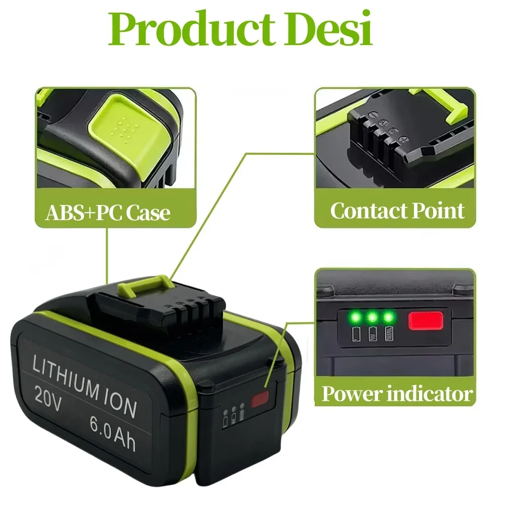 For WORX 20V battery 6000mAh Lithium Rechargeable WA3553 WA3551 WA3553.1 WA3572 WA3570 for All WORX Electric and Garden Tools