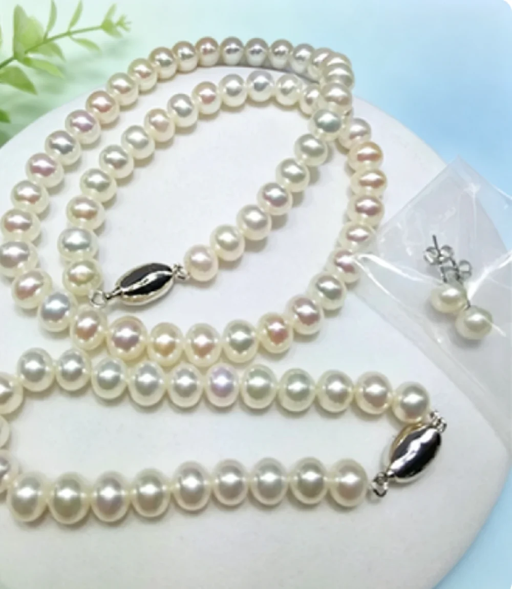 Gorgeous Necklace AAAA 7-8mm/8-9mm Natural White Pearl Necklace 18 Inch + Bracelet 7.5-8 Inch Earrings 925 Sets view 3