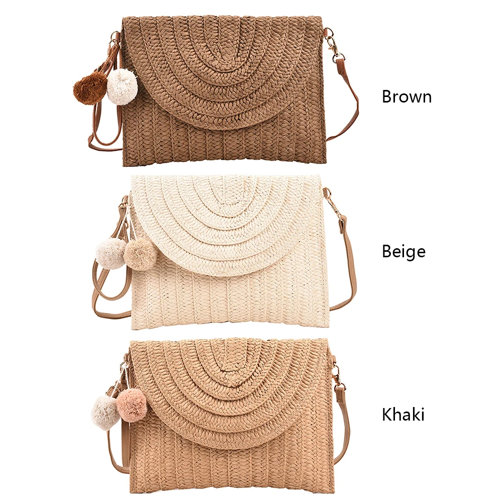 

Summer Ladies Handbags Fashion Female Tote Bag Casual Portable Handmade Simple Elegant with Hairball Exquisite for Seaside Beach