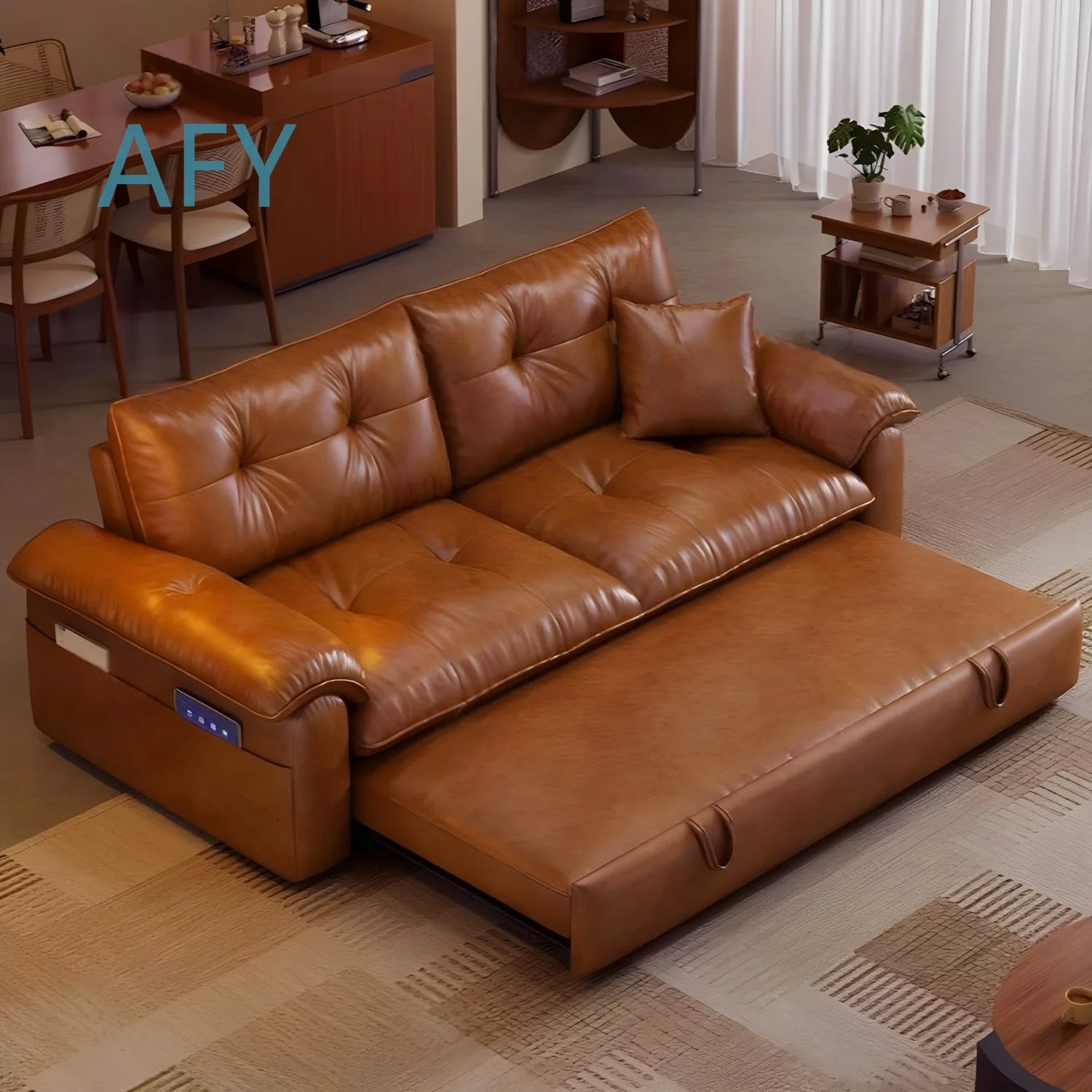 Retro Oil Wax Leather Sofa Bed Foldable Convertible 2 in 1 Extendable Vintage Pull Out Bed for Small Apartments Living Room