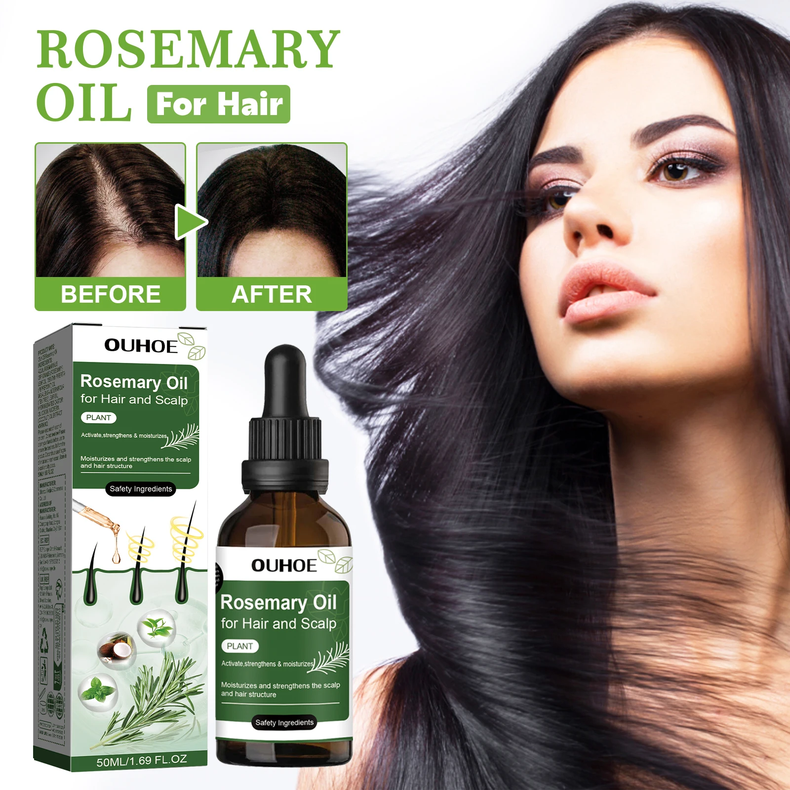 Óleo de alecrim para cabelo 50ml tratamento do couro cabeludo com óleo de hortelã-pimenta de coco soro capilar nutritivo para brilho e força todos os tipos de cabelo
