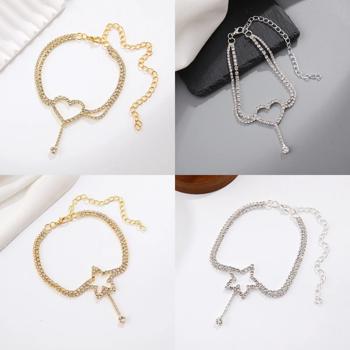 Fashion Boho Tassel Heart Rhinestone Foot Chain Double Layer Tennis five-pointed Star Anklet for Women Bracelet on Leg Jewelry