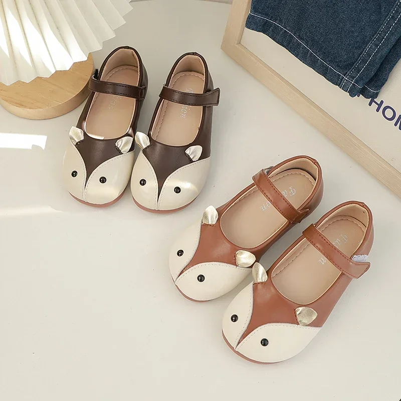 

Girls Casual Shoes Kids Leather Shoes Cartoon Fox Ear Cute Sweet Soft sole Princess Flats 2024 Spring/Summer New Fashion Shallow