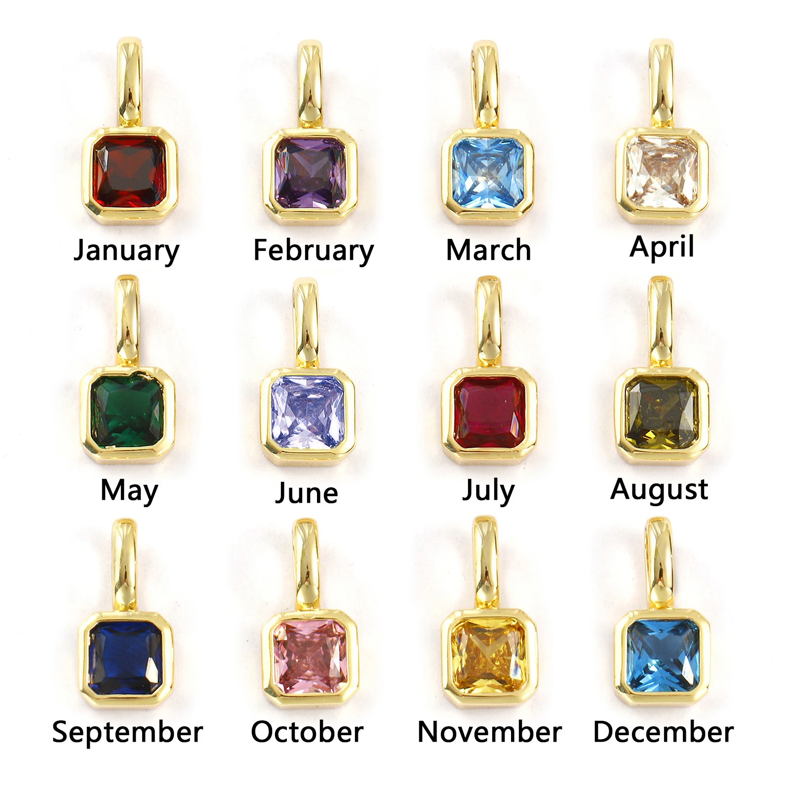 1 Stück Messing- und Zirkonia-Geburtsstein-Charms, 18 Karat vergoldet, quadratische Anhänger für DIY-Halsketten-Schmuckherstellung, 15,5 mm x 7,5 mm