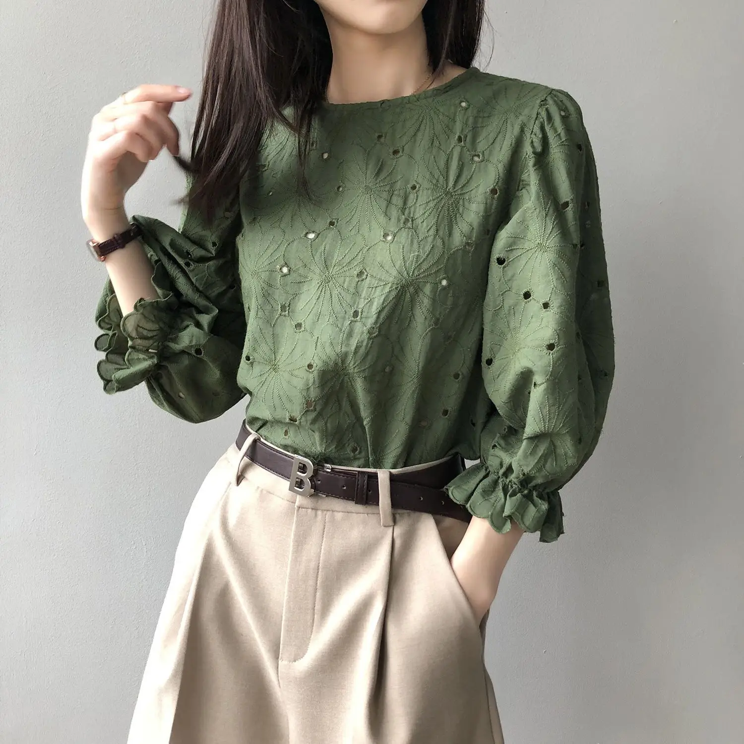 Spring Summer Elegant Ruffles Blouse Hollow Out Shirt 3/4 Sleeve O-Neck Embroidery Floral Tops Female Fashion Casual Shirt