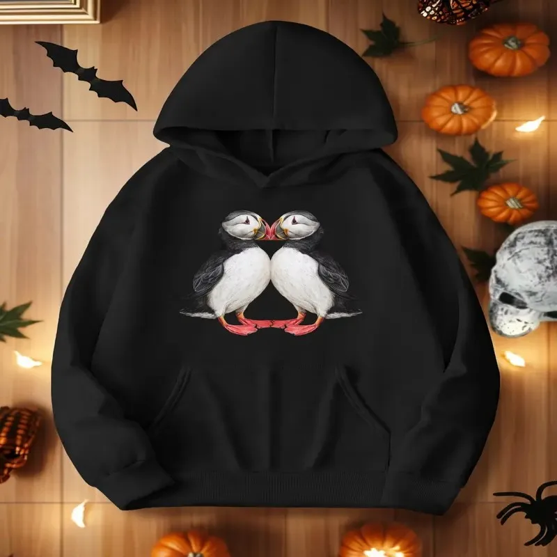 Winter Fall Plus Size Women Clothes Oversize Female Sweatshirt Two Puffins Illustration Geometric Striped Design Pure Cotton