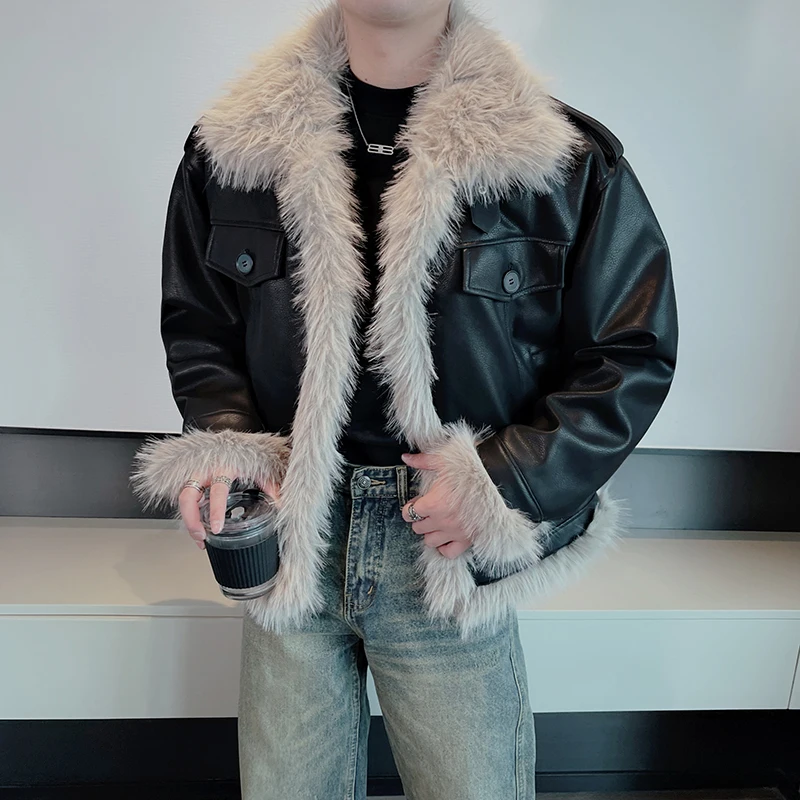 

Winter Thiened Fce Lined Cotton Jaet Men's Trendy Brand Warmth Leather Fur Inteated Outerwear Youth Casual ort Sle