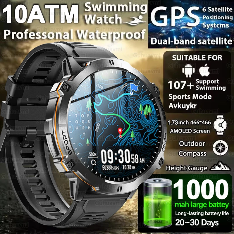 

2025 New Men GPS Smart Watch Compass Altitude BT Call Heart Rate 10ATM/IP69K Waterproof Swim 1000mAh Battery Sports Smartwatches