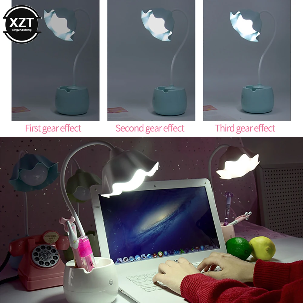 Girls LED Reading Desk Lamp Dimmable Touch Eye Protection Portable Lamp USB Rechargeable Bracket Pen Holder Multi-Function Light