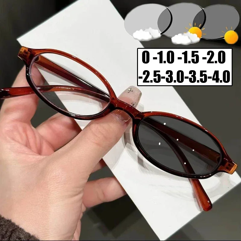 

Retro Oval Frame Near Sight Glasses Women Men Anti Blue Light Photochromic Myopia Eyeglasses Finished Color Changing Sunglasses