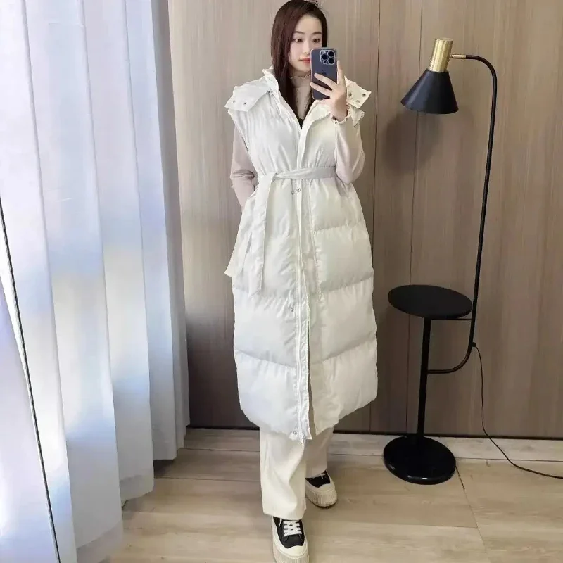 Fashion Hooded Long Vest Women New 2024 Winter Thick Warm Cotton Padded Jacket Woman Sleeveless Coat Female x-long Waistcoat