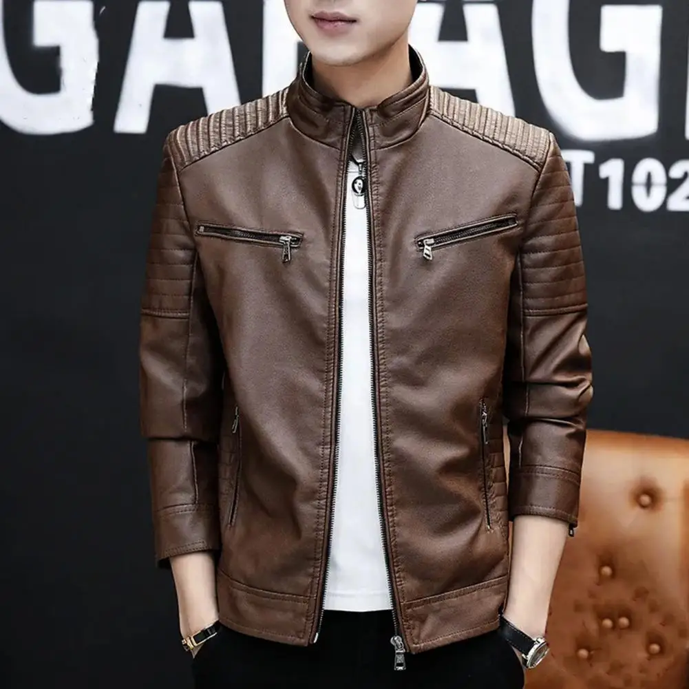 Faux Leather Coat Men's Fleece-lined Stand Collar Jacket Stylish Pleated Shoulder Design Zipper Placket for Autumn/winter