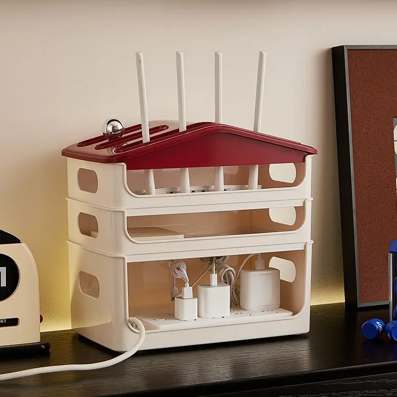 House Shaped Wifi Router Storage Box 3 Tier Plastic Cable Management Organizer for Home Office Desktop Charger Power Strip