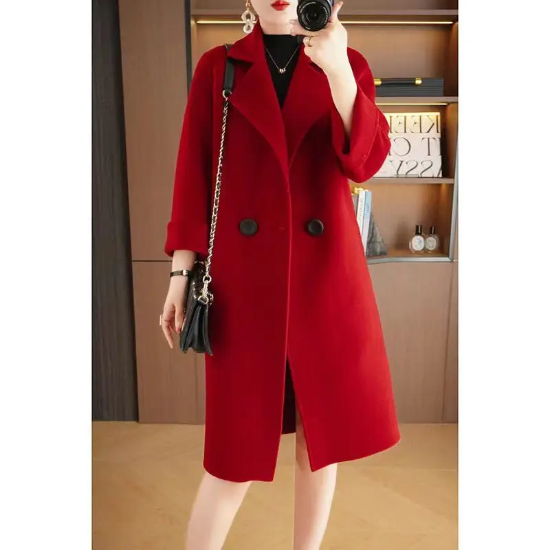 High-quality Double Sided Wool Overcoat Women Autumn Winter Korean Temperament Long Faux Woolen Blend Coat Solid Female Jackets