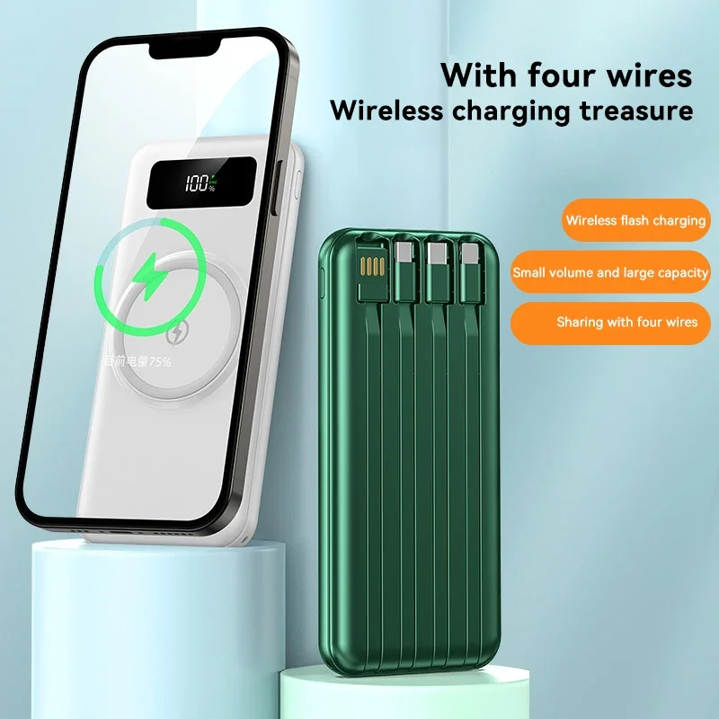 50000mAh Wireless Fast Charging Power Bank Built-in Quad Power Cable Portable High Capacity For Xiaomi Iphone 15 14 13 Samsung