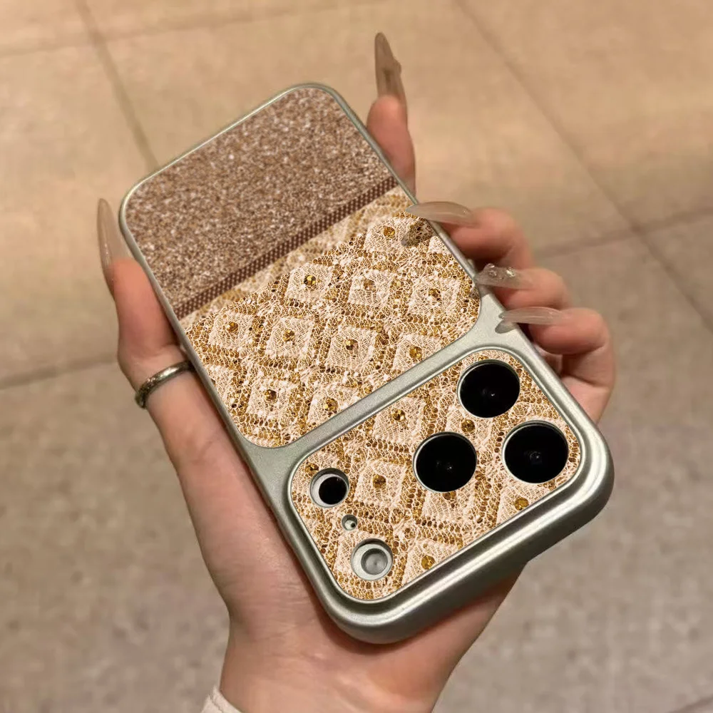 Gold Lace With Glitter Accents Pattern Phone Case For iPhone 18 Pro Max 17 15 Pro 16 14 13 Pro 12 11 Faux leather with lanyard view 5