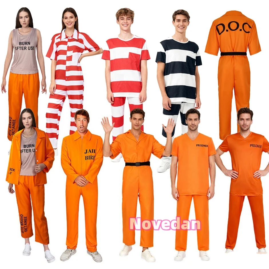 1PC Cosplay Prisoner Costume Uniform Pants Man Woman Jumpsuit Adult Striped Orange Prison Uniform Adult Halloween Party Costume