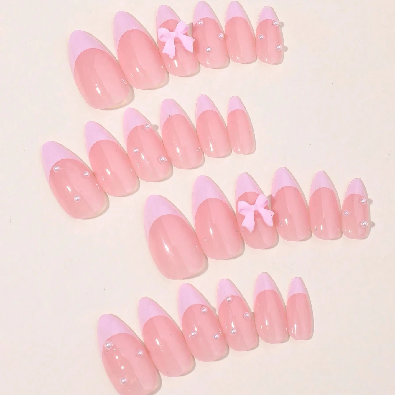 24PCS Pink French Pointed Nail Medium Size Almond Fake Nail Design, Butterfly Pearl Knot, Acrylic Nail Gloss, Fully Covered Nail