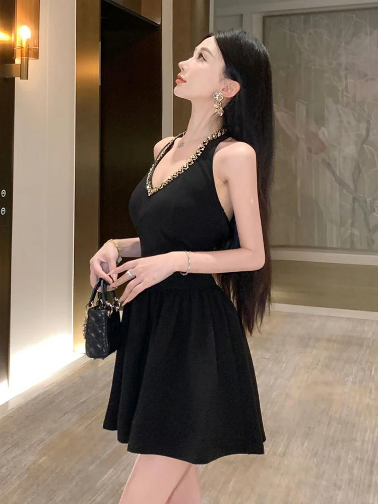 Ropa de mujer exquisito vestido de cumpleaños negro dulce elegante lindo diamantes espalda descubierta Vestidos de fiesta club nocturno Swing Mini vestido de mujer