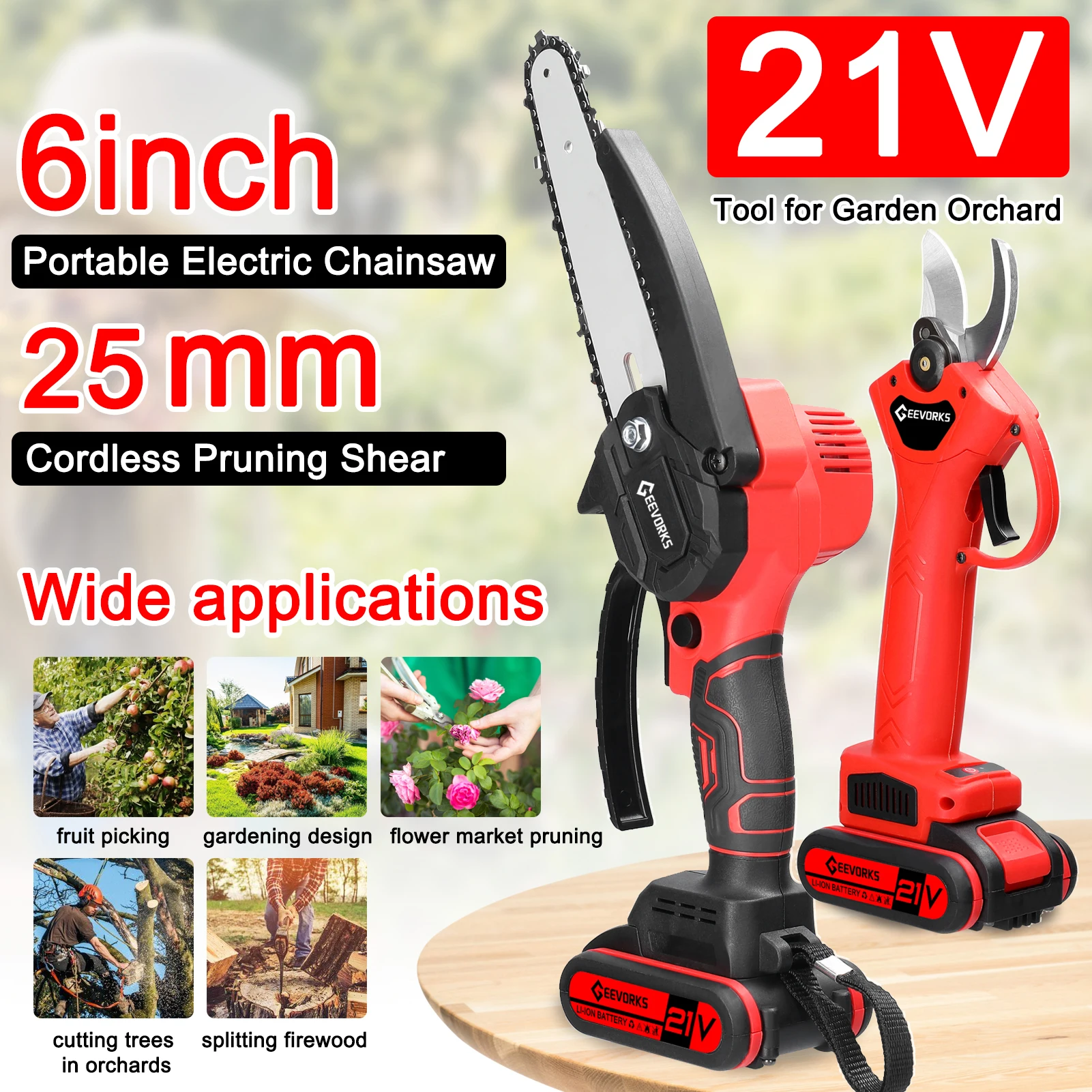 21V 6inch Portable Electric Chainsaw and 25mm Cordless Pruning Shear Set Wood Splitting Cutting Machine Kit Handheld Woodworking