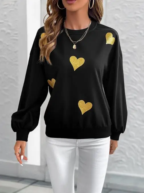 

2025 New Autumn Romantic and Sweet Style Heart Print Loose Round Neck Long-Sleeved Top